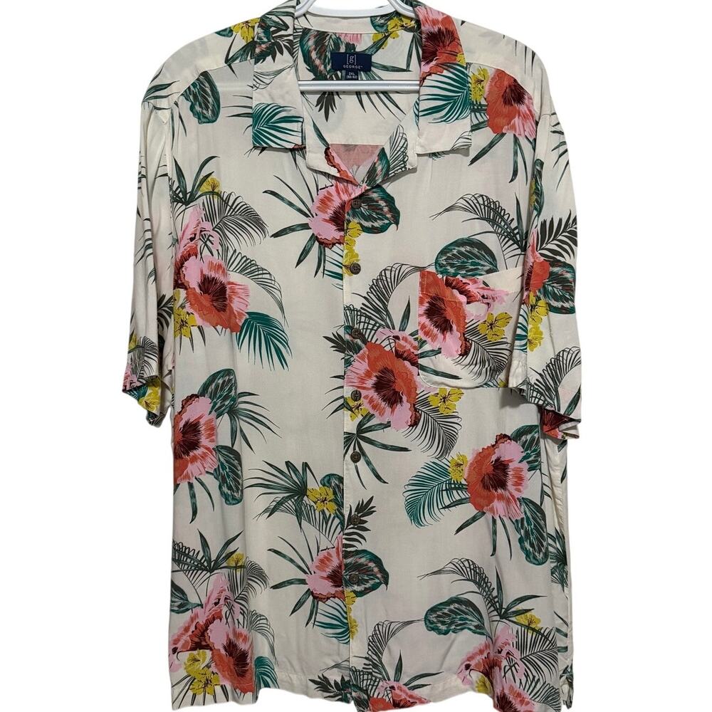 George Men's White Tropical Printed Short Sleeve Button Up Shirt Size 2XL 50-52